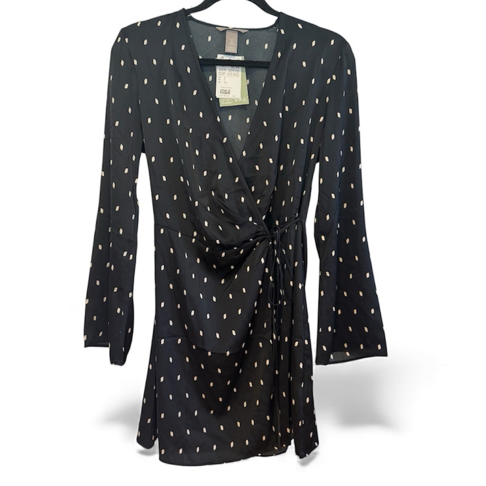 H&M Black Long-Sleeve Wrap Dress with Cream Dot Pattern